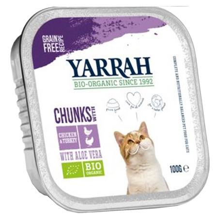 Karma dla kota, kawałki kurczaka i indyka z aloesem BIO 100 g - Yarrah
